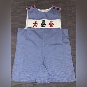 Boys Super Hero smocked shortall. Brand: Remember Nguyen. 4T